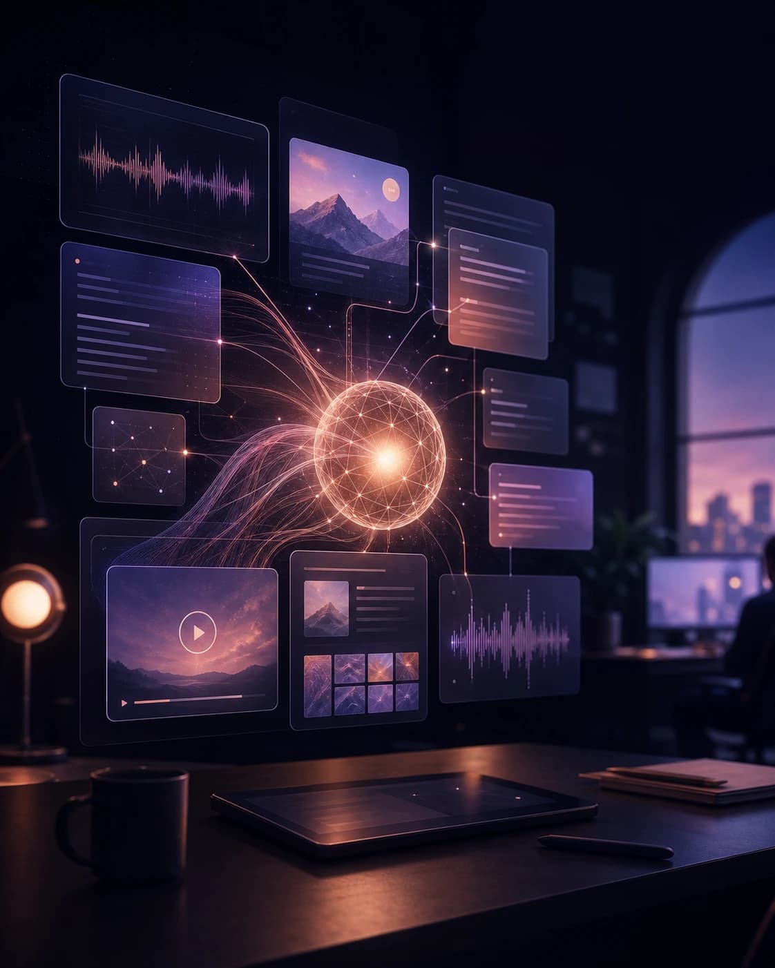 AI creative studio with floating content panels